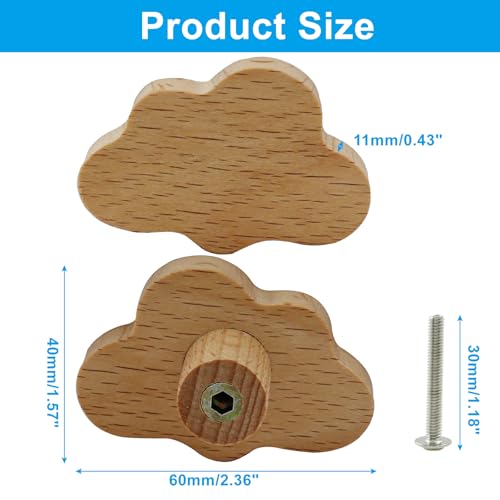 Cloud Shaped Wooden Knobs, Small, 60 x 40 mm, 6Pcs - size: 60 x 40 mm