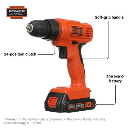 BLACK+DECKER 20V MAX* POWERCONNECT Cordless Drill Driver Kit with Drill Bit Set and Sockets, 100 pc. Tool Kit for Home, Battery and Charger Included, Orange (BDC120VA100)
