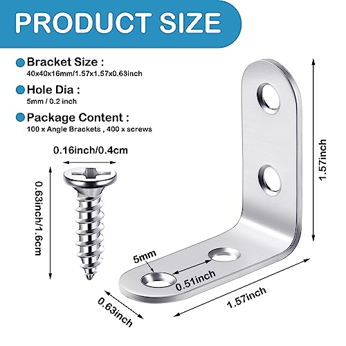 Pelopy 100 Pcs L Bracket Stainless Steel 90 Degree Brace, 1.57 x 1.57 Inch - size: 1.57 x 1.57 Inch
