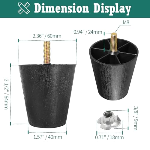 4pcs Plastic Furniture Legs 2-1/2" with T-Nuts, M8-1.25 Bolt - size: 2-1/2 Inch, M8-1.25 Metric Thread Bolts