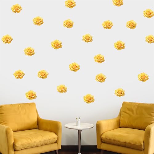 Watercolor Roses Wall Decals, 24 Large Easy Peel & Stick Roses Stickers, Premium Removable and Repositionable Floral Wall Art Fabric Stickers (Yellow) - color: Yellow