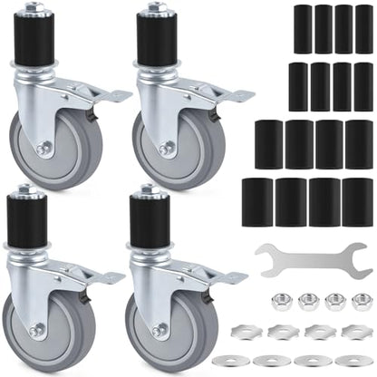 ERKOON 4 Inch Prep Table Caster Wheels Set, 4 Heavy Duty Expanding Stem Casters Fit 7/8", 1", 1-1/2", 1-5/8" Tube Leg with Brake for Stainless Steel Table, Cart, Furniture Legs, Kitchen Workbench - color: 4inch