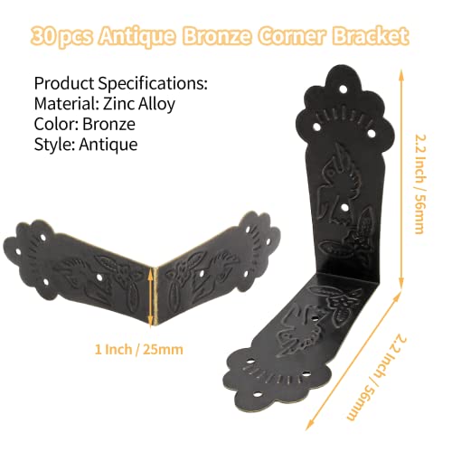 Bivethoi Antique Bronze Corner Bracket, 2.2" x 1", 30pcs - size: 2.2" x 2.2" x 1"
