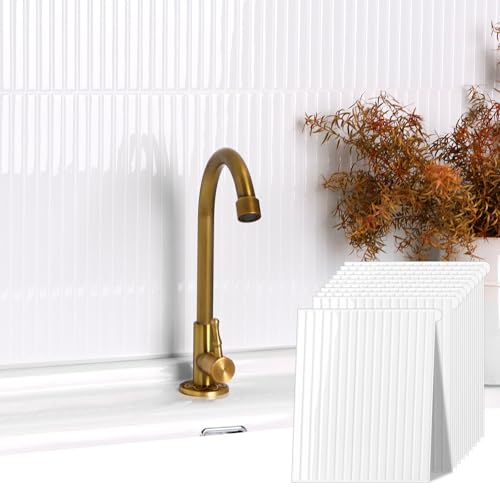 Backsplash Tile Peel and Stick, Self-Adhesive White Decorative Wall Tiles for Kitchen, Modern Glossy Slatted Design Backsplash Tiles for Kitchen, Bathroom, RVs (11.43x9 inch) - color: White