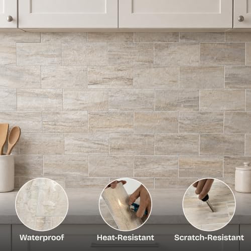 StyloVue 100 Pieces Peel and Stick Backsplash for Kitchen, 3" x 6" PVC Subway Tile Upgraded Grayish Beige with Gray Grout Backsplash Stick on Tile Elevate Kitchen, Bathroom, Fireplace,RV - color: Grayish Beige