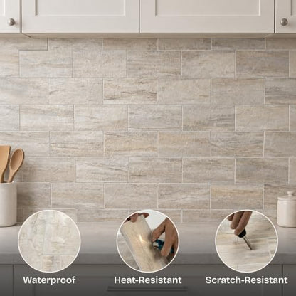 StyloVue 100 Pieces Peel and Stick Backsplash for Kitchen, 3" x 6" PVC Subway Tile Upgraded Grayish Beige with Gray Grout Backsplash Stick on Tile Elevate Kitchen, Bathroom, Fireplace,RV - color: Grayish Beige