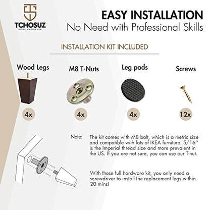 3 Inch / 8cm Wooden Furniture Legs, Set of 4 Solid Wood Mid-Century Modern Pyramid Replacement Feet, Square Sofa Legs with 5/16" Bolts & Anti-Slip Pads for Sofa Ottoman Table Dresser Walnut - color: Walnut, size: 3"/8cm