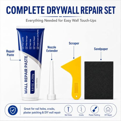 Efficient Drywall Repair Kit with Scraper, Wall Mending Agent White Spackle for Holes & Cracks, Fast Dry Wall Repair Paste for Dents, Tile Gap Filler, Complete Wall Repair Kit Indoor Outdoor (2PC)