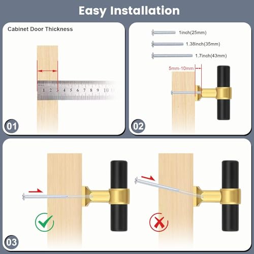 Black Brass Cabinet Knobs Single Hole T Bar Drawer Pulls 10 Pack - color: Black with Brushed Brass Base, size: Single Hole-2inch Length
