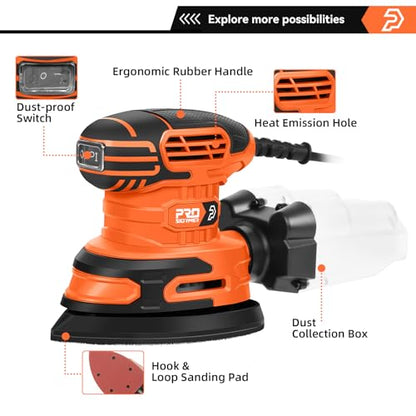 Prostormer Detail Sander, 13000RPM Mouse Sander, 1.6A Electric Palm Sanders - color: Orange