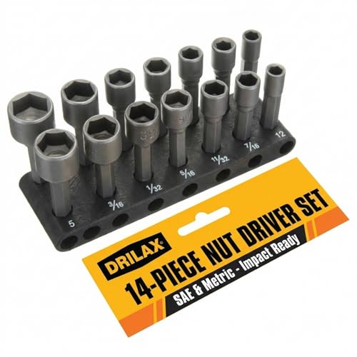 Drilax 14-Pc Nut Driver Bit Set, SAE & Metric, 1/4 in Hex, Impact Ready