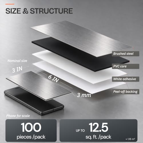 StyloVue 100 Pieces Peel and Stick Backsplash for Kitchen, 3" x 6" PVC Subway Tile Upgraded Brushed Stainless Backsplash Stick on Tile Elevate Kitchen, Bathroom, Fireplace,RV - color: Brushed Stainless