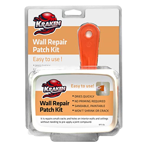 Kraken Bond Drywall Patch Repair Kit - (1x8 fl.oz.) Easy to Use Wall Patch Repair Kit for Drywall Hole & Cracks, Includes Aluminum Self-Adhesive Patch, Grit Sandpaper, Plastic Putty Knife, 1 Pack