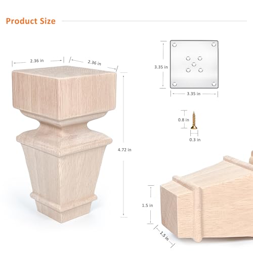 5 Inch Wood Furniture Legs Set of 4 Square Cabinet Sofa Feet Unfinished - size: 5inch