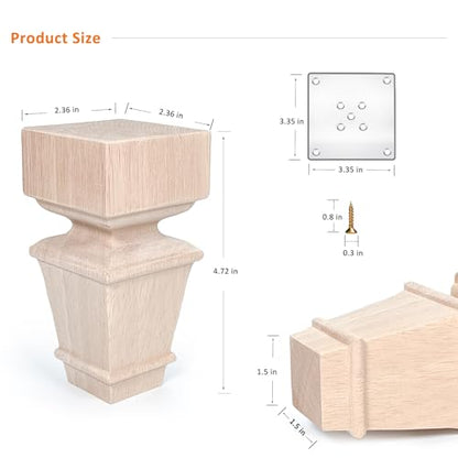 5 Inch Wood Furniture Legs Set of 4 Square Cabinet Sofa Feet Unfinished - size: 5inch