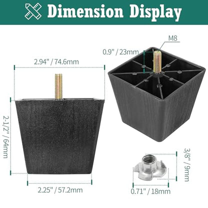 4pcs Plastic Square Legs 2.5" with T-Nuts, M8-1.25 Thread Bolt - size: 2-1/2 Inch, M8-1.25 Metric Thread Bolts