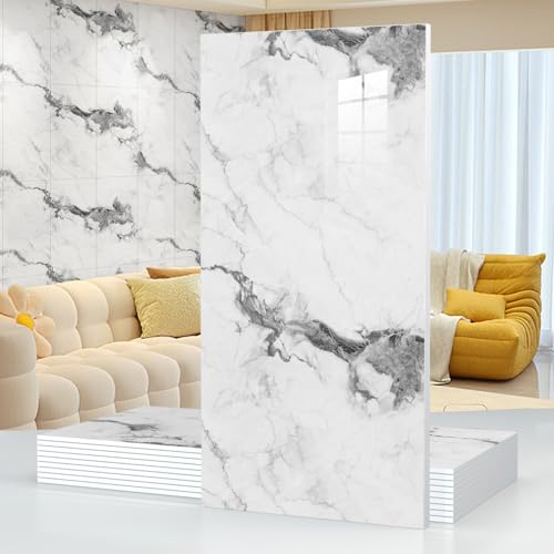 10pcs Thick Marble Peel and Stick Waterproof Wall Panels,Heat-Resistant Backsplash Tile, 23.6"x11.8" PVC Foam Wall Sticker for Kitchen,Living Rooms,TV Walls,Grey White (Not Real Tile 19.4Sq. Ft.) - color: Grey White 1, size: 23.6" x 11.8" x 2.5MM x 10Pack