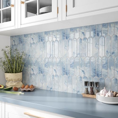 VEELIKE 6 Sheets Blue Kitchen Backsplash Tiles Peel and Stick Fish Scale Stick on Back Splash Tiles for Kitchen Bathroom Waterproof Blue Marble Tile Self Adhesive Backsplash Tile Stickers 12''x12'' - color: Blue, size: Box of 6 Tiles