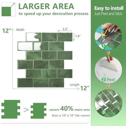 STICKGOO Subway Tile Peel and Stick Backsplash, Thicker Design 12" x 12" Stick on Backsplash Tiles for Kitchen, Bathroom, Wall Tile (10 Sheets, Sage Green) - color: Sage Green