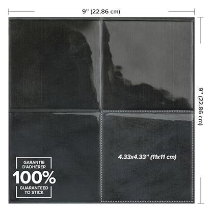 Smart Tiles Peel and stick backsplash, Zellige Charcoal Black, 9"x9" - color: Charcoal Black