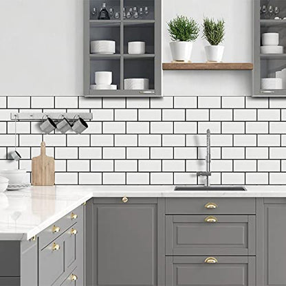 STICKGOO 10-Sheet Backsplash Peel and Stick Subway Tile, Self Adhesive Vinyl Wall Tiles, Stick on Backsplash for Kitchen and Bathroom(Thicker Design, White with Black Grout) - color: White With Black Grout