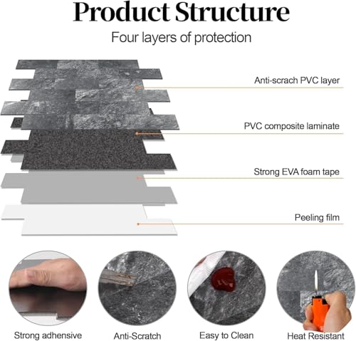 2026 New Upgrade Peel and Stick Backsplash Tile, Peel and Stick 11.34" X 11.57" Wall Tile for Kitchen, Bathroom, Fireplace, Laundry (Dark Rock, 10 Packs) - color: Dark Rock