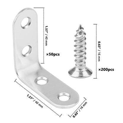 ZOENHOU 50PCS 40 x 40 mm L Shaped Brackets, Stainless Steel Corner Braces with 200 Screws, 90 Degree Right Angle Brackets for Heavy Duty Fastener Connector for Wall Hanging Furniture Repair - size: 50PCS 40 x 40mm Silver