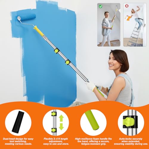 37PCS Paint Roller Kit with Thickened Extension Pole 2 to 4 FT, Plus