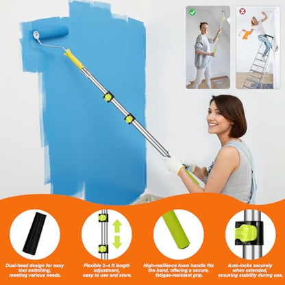 37PCS Paint Roller Kit with Thickened Extension Pole 2 to 4 FT, Plus