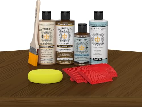 Retique It Wood Finish Tabletop Kit – Go Beyond Faux Wood Including Paintable Liquid Wood Based Primer, Gel Stain - Graining Tools Included (Tabletop Kit, Dark Pecan) - color: 60 Dark Pecan, size: Tabletop Kit