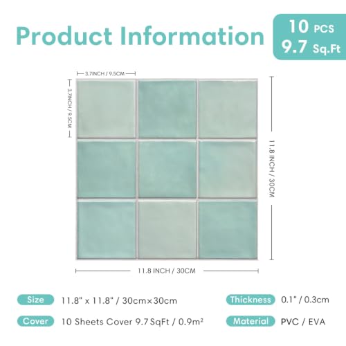 Commomy Matte 3D Peel and Stick Tile 10 Pcs 11.8"x11.8",Light Teal Green - color: Light Teal Green