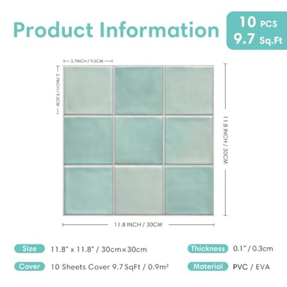 Commomy Matte 3D Peel and Stick Tile 10 Pcs 11.8"x11.8",Light Teal Green - color: Light Teal Green