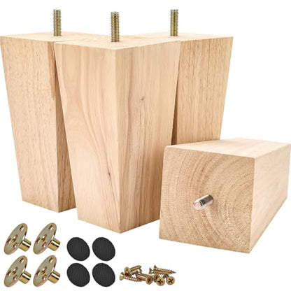 6 inch / 15cm Wooden Furniture Legs, Pack of 4 Mid Century Modern Solid Wood Unfinished Pyramid Square DIY Replacement Feet with 5/16" Hanger Bolts & T-Nuts for Sofa Couch Bed Recliner Riser - color: Unfinished, size: 6''/15cm