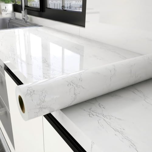 Glossy White Marble Contact Paper for Countertops Peel and Stick Wallpaper - color: White, size: 15.7" x 472.4"