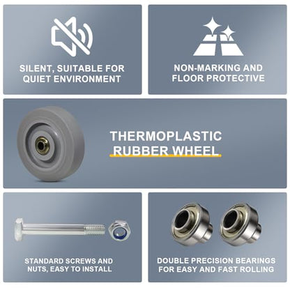 3.5 Inch Thermoplastic Rubber Caster Wheels (Set of 4) – Heavy Duty, Precision Bearing, Non-Marking, 250 lbs Load Capacity Each, Floor Protective, Ideal for Industrial Carts and Equipment - size: 3.5"×1.25"