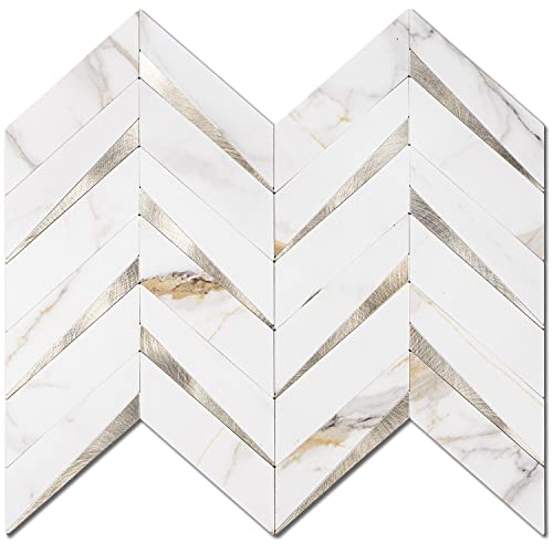 STICKGOO Herringbone Tile Peel and Stick Backsplash for Kitchen&Bathroom - color: Calacatta Marble Mixed Light Gold