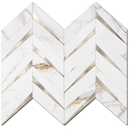 STICKGOO Herringbone Tile Peel and Stick Backsplash for Kitchen&Bathroom - color: Calacatta Marble Mixed Light Gold