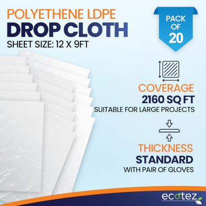 20 Pack 12 x 9 ft Extra Large Plastic Drop Cloth for Painting - size: 20 Pack-Standard
