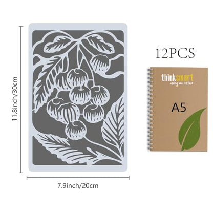 12Pcs 12 Styles Mixed Media Stencils Wall Texture Templates 12 x 8 Inch Trees Flowers Leaves Geometric Pattern Reusable PET Plastic Hollow Out Drawing Stencil for Wood Wall DIY Art Crafts - color: Mixed Shapes