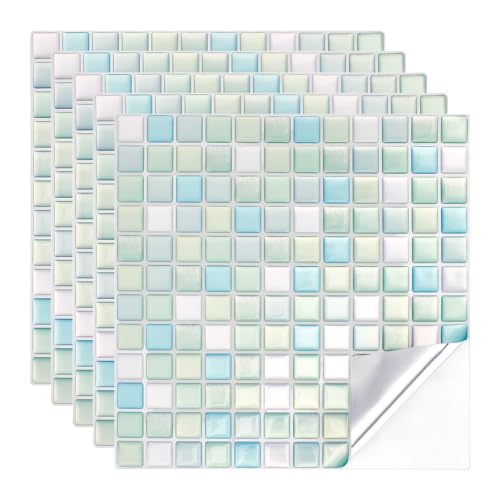 PH PandaHall 5pcs 3D Mosaic Tile Sticker, Peel and Stick Backsplash Tile Waterproof Self Adhesive Wall Tiles for Kitchen Backsplash Bathroom Sink Home Decor, Aquamarine, 9.3x9.3inch Covering 3 Sq.ft - color: Aquamarine