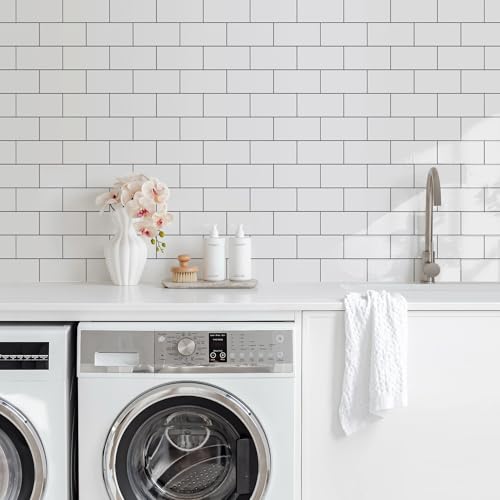 Vamos Tile 100-Piece Glossy Pure White Peel and Stick Backsplash Tile,3''x6'' PVC Subway Tile with Dark Gray Grout,Stick on Backsplash for Kitchen/Bathroom/Fireplace - color: Pure White with Dark Gray Grout