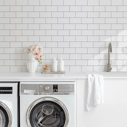 Vamos Tile 100-Piece Glossy Pure White Peel and Stick Backsplash Tile,3''x6'' PVC Subway Tile with Dark Gray Grout,Stick on Backsplash for Kitchen/Bathroom/Fireplace - color: Pure White with Dark Gray Grout