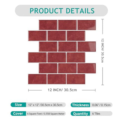 VEELIKE Red Peel and Stick Backsplash Waterproof Subway Kitchen Backsplash Red Peel and Stick Tile 6 Sheets Removable Renter Friendly Backsplash Stick on Tiles for Kitchen Wall Bathroom 12''x12'' - size: Box of 6 Tiles