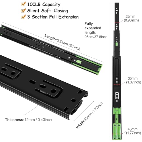 20 inch Soft Close Drawer Slides 6 Pairs Ball Bearing Full Extension Cabinet Drawer Slides 3 fold, Side Mount, 100 LB Capacity Heavy Duty Drawer Slide 20" Black - size: 20inch(500mm), style: Black-6