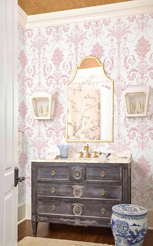 Damask Floral Peel and Stick Wallpaper Boho Pink and White Contact Paper - color: Pink, size: 17.3" x 197"