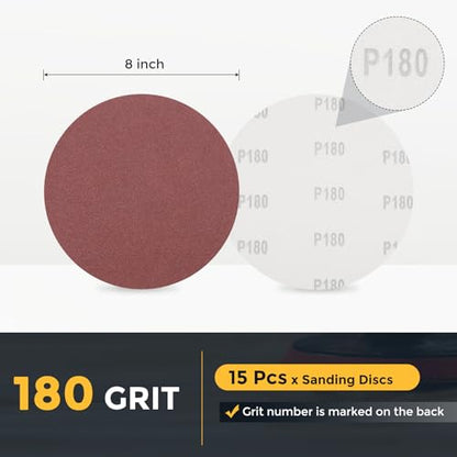 HARFINGTON 15 Pcs 8 Inch Sanding Discs 180 Grit Red Aluminum Oxide - size: 8 Inch(180 Grit)