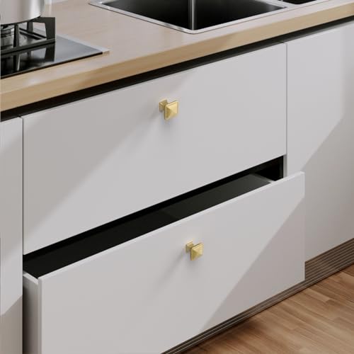 9BUILD 10 Pack Brushed Gold Cabinet Knobs,Solid Square Drawer Pulls - color: Brushed Gold, size: 1.2"/30MM