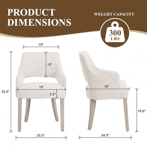 chairus Farmhouse Dining Chairs Set of 4 with Arms, Upholstered Linen Fabric Kitchen & Dining Room Chairs, Curved Open Back Chairs with Solid Wood Legs & Thick Cushion for Dining/Living Room, Cream - color: Cream
