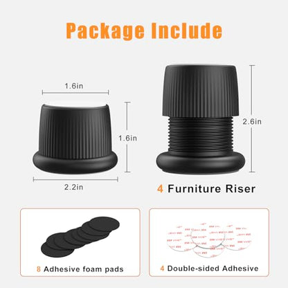 Adjustable Furniture Bed Risers 1.6-2.6 inch Durable Anti Slip-Black 4 Pcs - color: Black - 4 Pcs