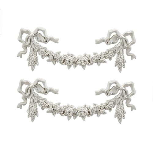 2 PCS Roses & Bow Carved Appliques Onlays,White PVC Appliques for Furniture